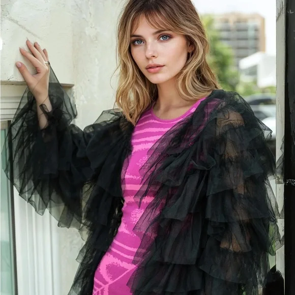 Black Ruffled Tulle Cardigan - Picture 6 of 6